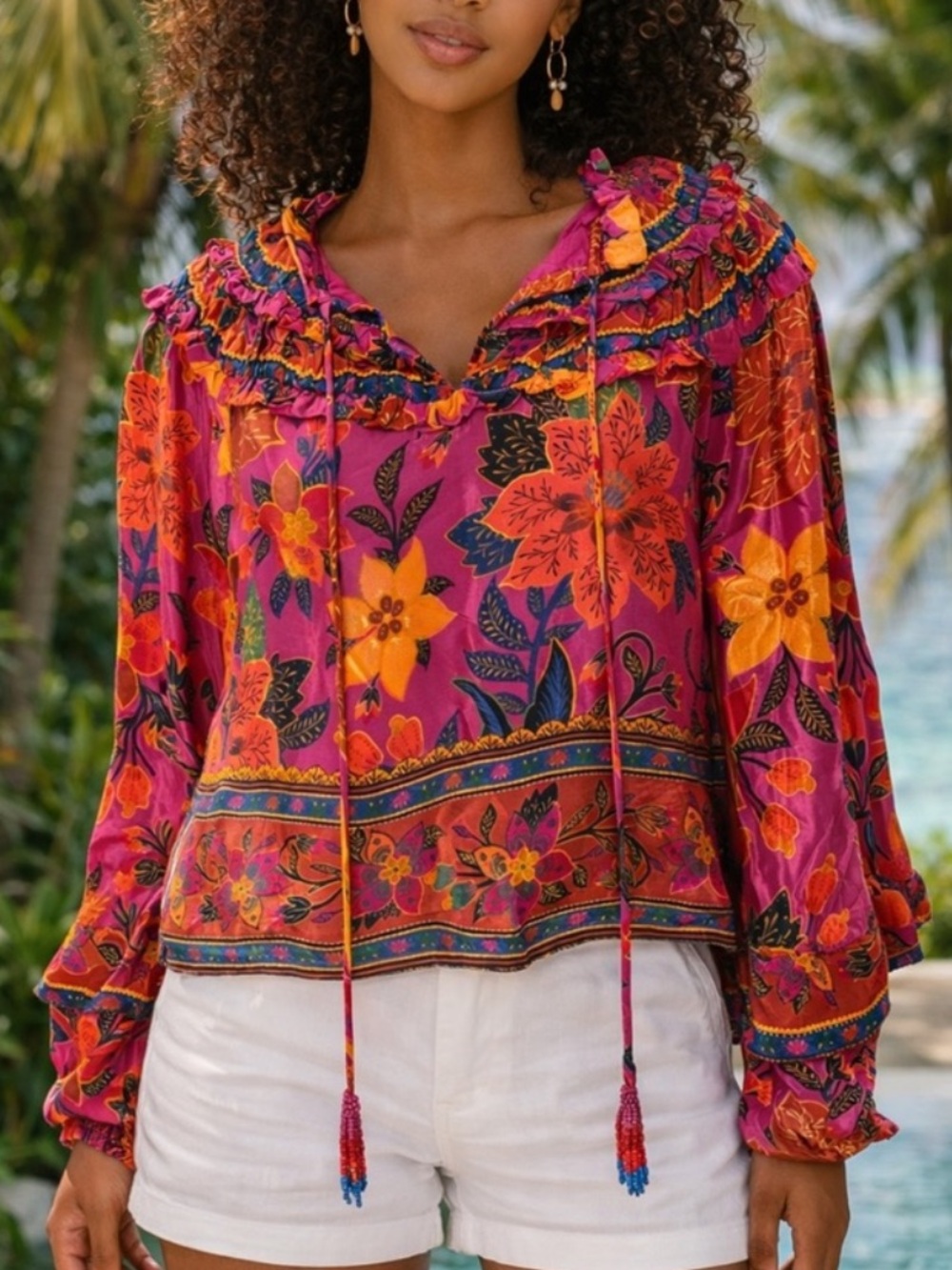 FARM Rio Tropical Tapestry Long Balloon Oversized Sleeve Ruffled Blouse XL EUC